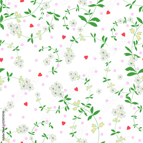 Seamless vector floral pattern with flowers and hearts