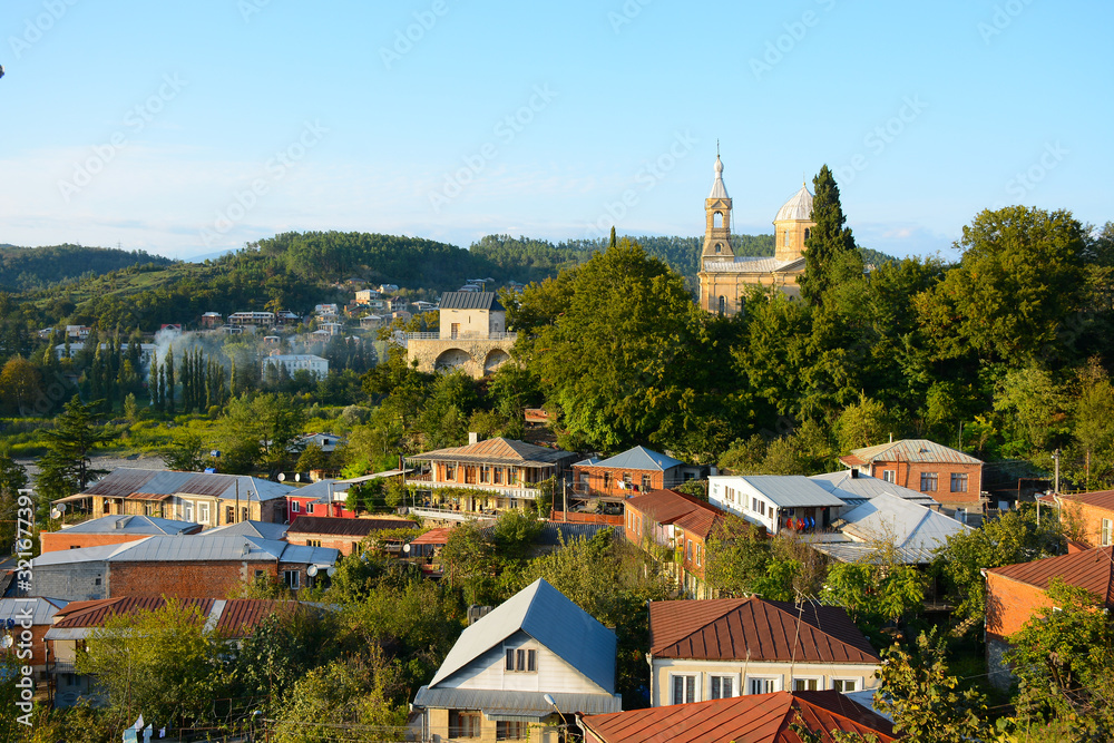 Kutaisi, Georgia - September 27, 2018: Panoramic view to the church and Kutaisi