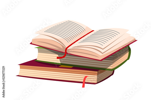 Paper book pile with open one isolated on white
