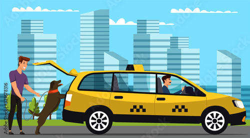 Man dog owner catching taxi cab with seat for pets