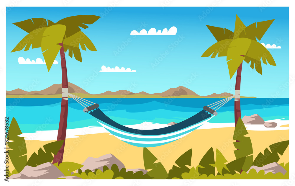Seaside vacation flat vector illustration. Empty hammock on coast. Traveling in exotic, island, country. Tropical paradise with turquoise ocean waves and palm trees.
