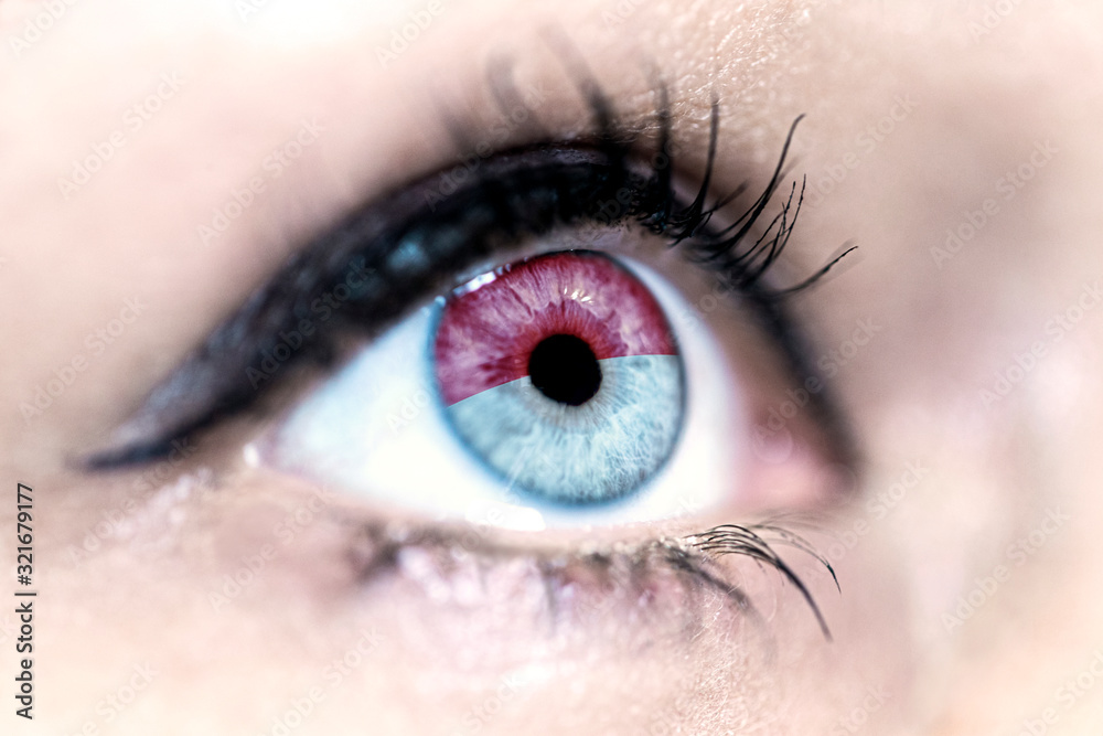 Obraz premium Flag of Monaco reflects in a woman blue eye - election, sport, hope, young, generation, pride, dream, emotion, independance 