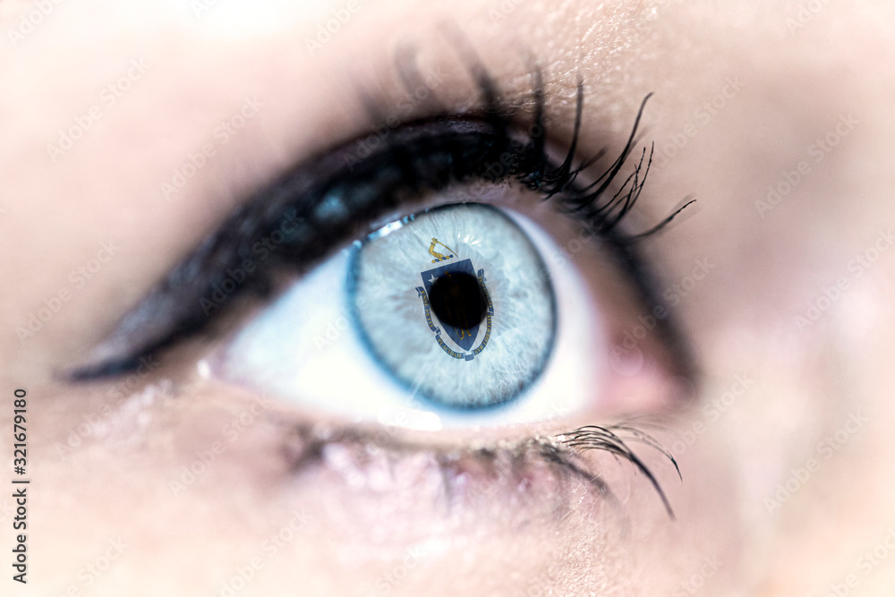 Obraz premium Flag of Massachusetts state of the United States of America reflects in a woman blue eye - election, sport, hope, young, generation, american football, basket, emotion