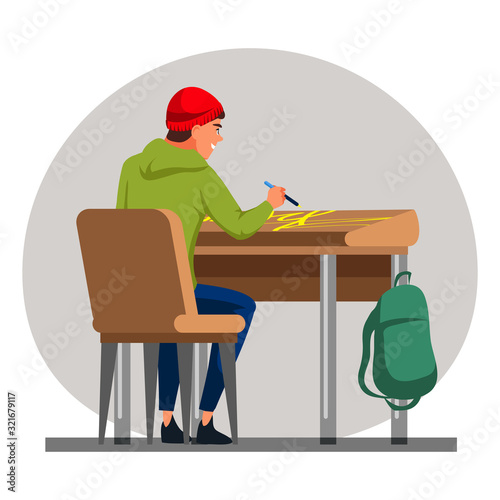 Student drawing on school desk spoil furniture