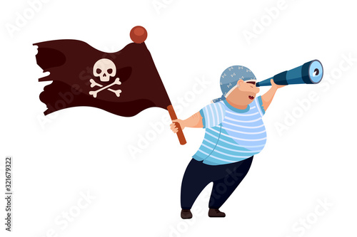 Sailor pirate looking through binoculars on white