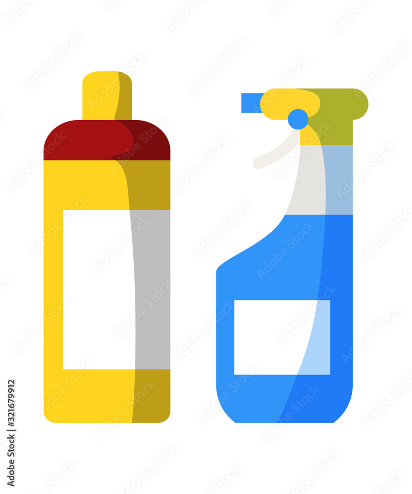 Detergent cleaner bottles flat vector illustration. Liquid household