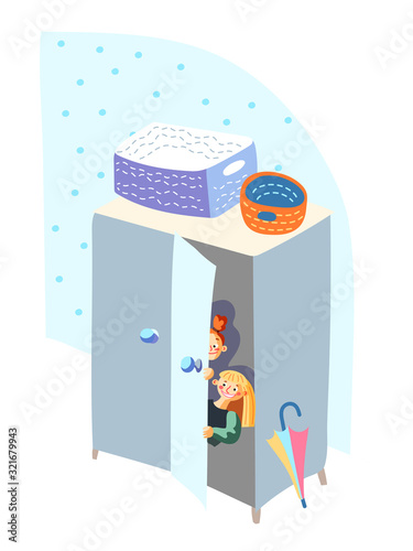 Kids hiding in closet play hide-and-sick game