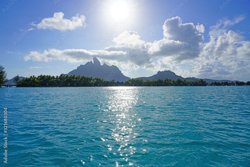 View of the Mont Otemanu mountain reflecting in water in Bora Bora, French Polynesia, South Pacific