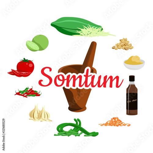 Thai food ingredients Papaya salad vector design on white background.