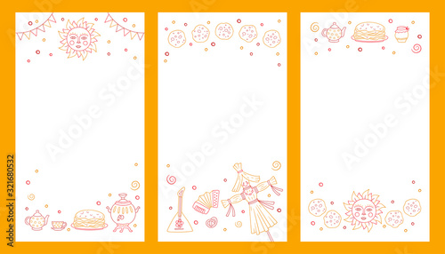 Maslenitsa, Shrovetide, Pancake week. Set of vector illustrations on doodle style for social networks stories. Hand drawn
