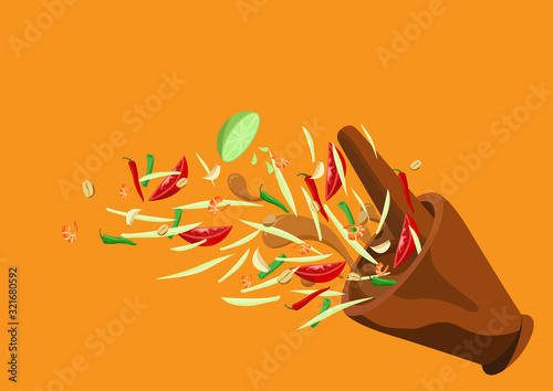 Som Tum. Thai food Papaya salad vector design on orrange background.