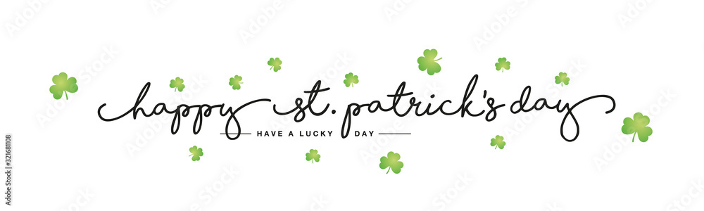Plakat Happy St Patrick's Day handwritten typography lettering line design green clovers white background banner