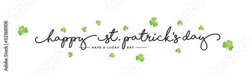 Naklejka Happy St Patrick's Day handwritten typography lettering line design green clovers white background banner