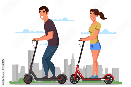 Happy smiling man and woman on electric scooters