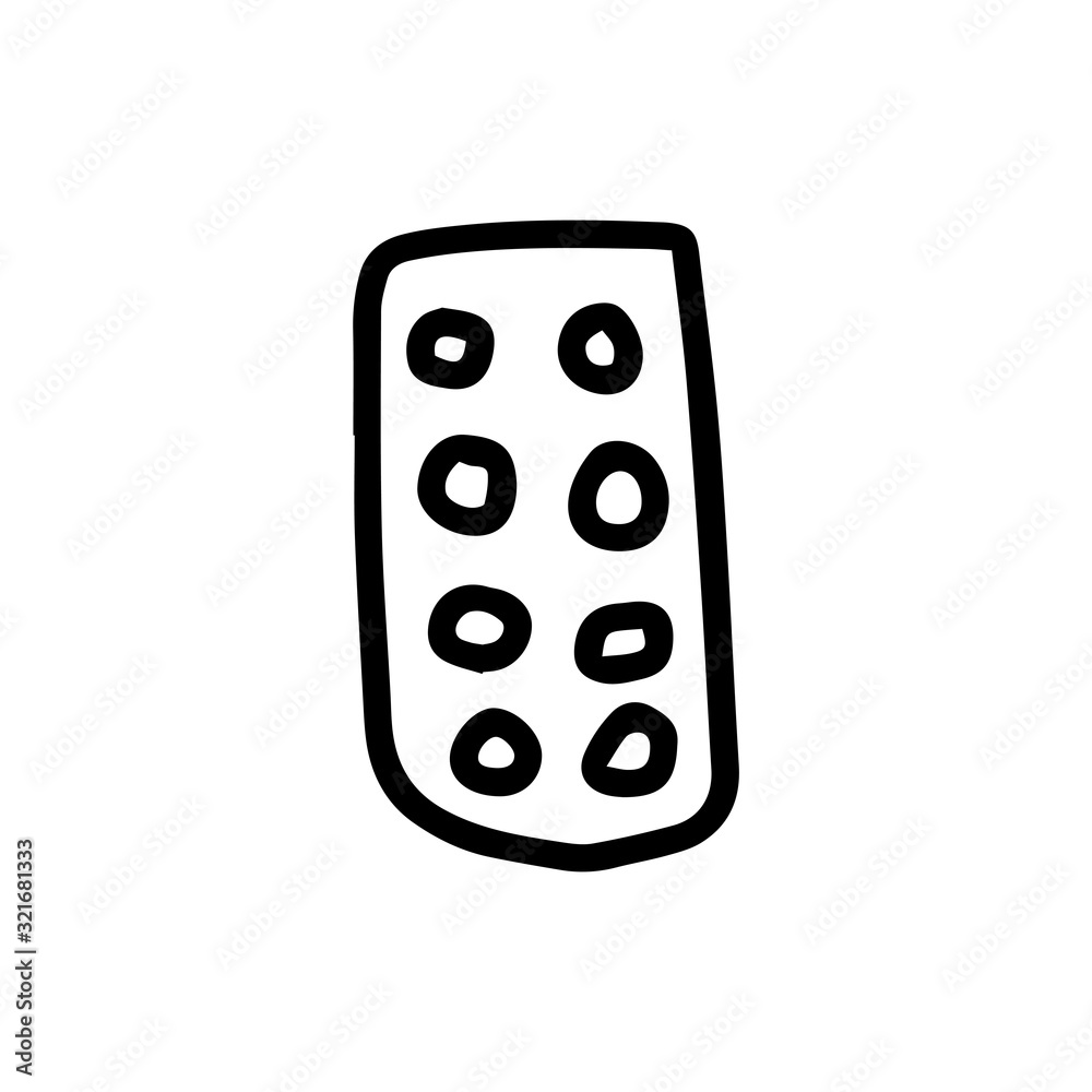Pack or plate of pills in hand drawn doodle style isolated on white background. Vector stock outline illustration. Medical equipment. Pack or plate of pills in hand drawn doodle style isolated on white background. Vector stock outline illustration. Medical equipment.