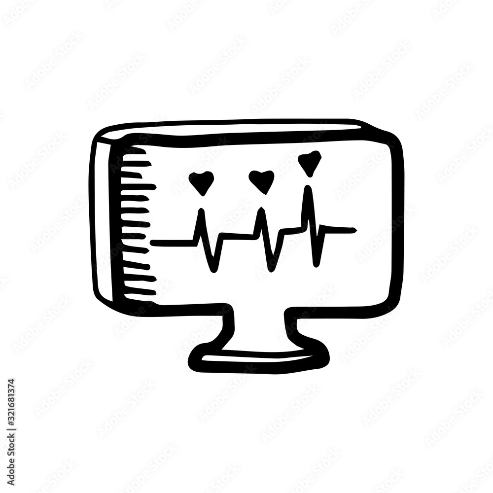 Check heart beating with ECG.Heart rate monitor in hand drawn doodle style isolated on white background.Medical electronics. Vector outline Check heart beating with ECG.Heart rate monitor in hand drawn doodle style isolated on white background.Medical electronics. Vector outline