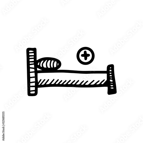 Hospital bed in hand drawn doodle style isolated on white background. Vector stock outline illustration. Single. Sign element. Medical equipment.