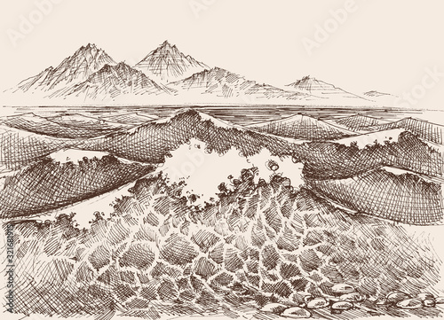 Sea or ocean waves drawing. Sea view, waves breaking, water splash, mountains in the background