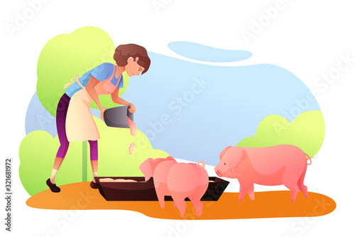 Girl feeding pigs flat vector illustration