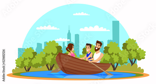 Family in boat on river flat vector illustration