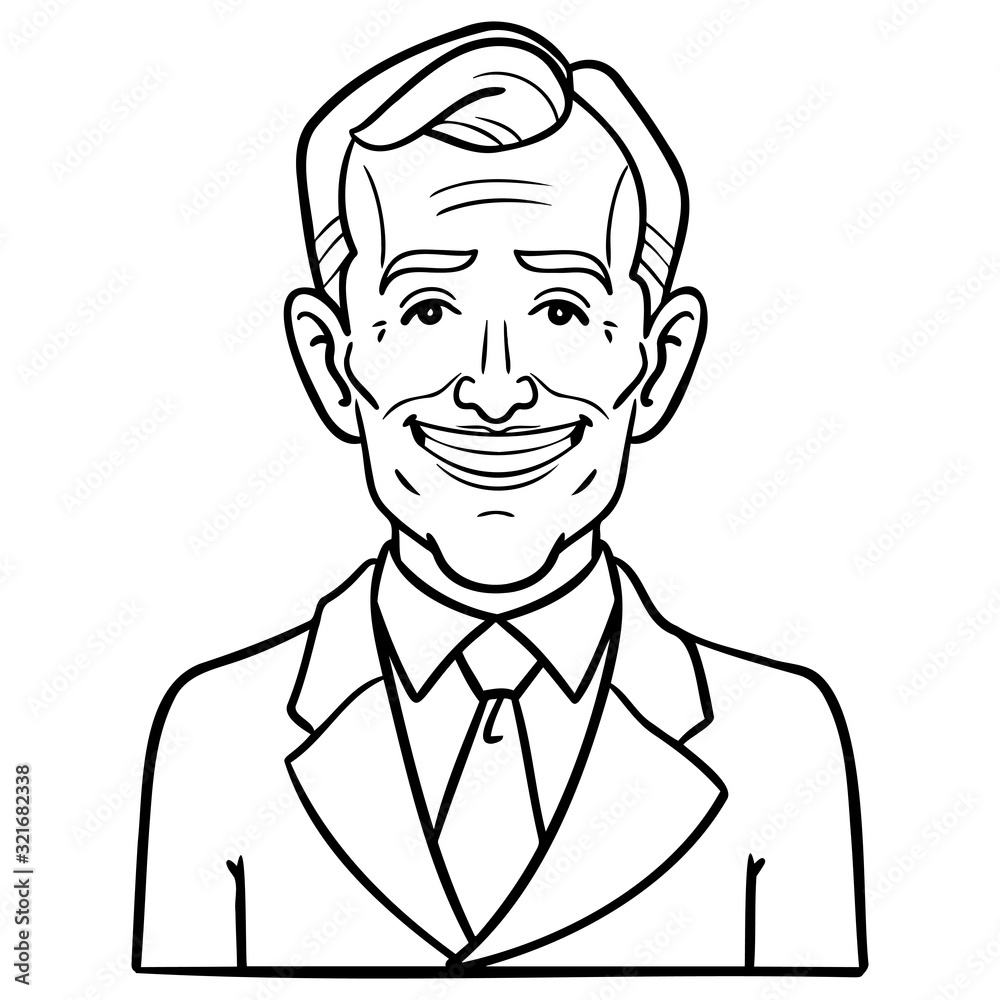 Monochrome vector illustration of an old business man wearing a blazer and tie. Teeth, laugh, emotion, america, president, cartoon, retro, vector. Monochrome vector illustration of an old business man wearing a blazer and tie. Teeth, laugh, emotion, america, president, cartoon, retro, vector.