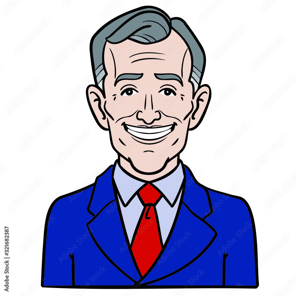 old businessman wearing a blue blazer and red tie with gray hair. Laugh, emotion, america, president, comic, illustration, retro, vector.