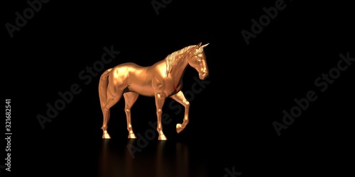 gold horse on a black background 3d illustration