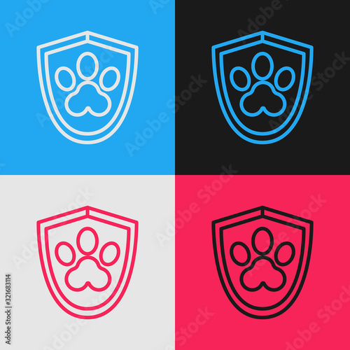 Color line Animal health insurance icon isolated on color background. Pet protection icon. Dog or cat paw print. Vintage style drawing. Vector Illustration