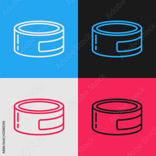 Color line Canned food icon isolated on color background. Food for animals. Pet food can. Vintage style drawing. Vector Illustration