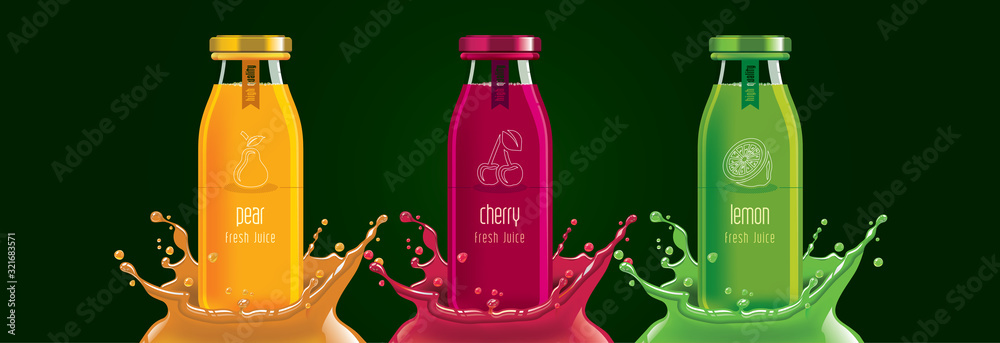 Fruit juice splash bottle set, pear, cherry, lemon sticker design. Fruit juice splash bottle set, pear, cherry, lemon sticker design.