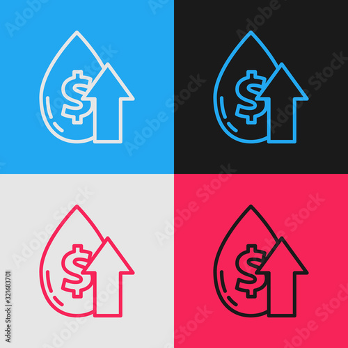 Color line Oil price increase icon isolated on color background. Oil industry crisis concept. Vintage style drawing. Vector Illustration