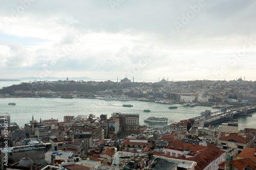 View of Istanbul from the Galata tower on bridges to the Bosphorus Bay January 2020 © DmitryStock