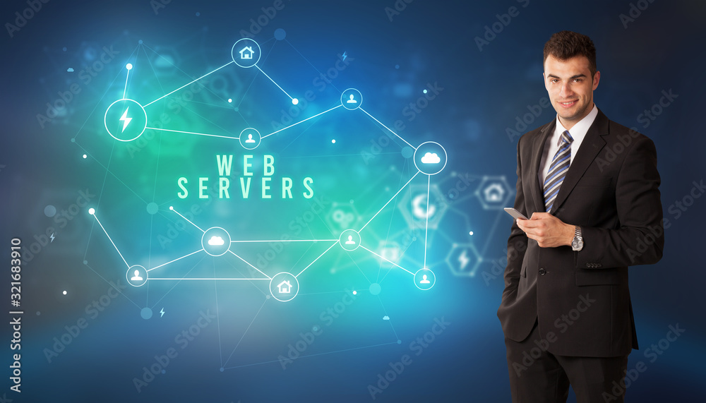 Businessman in front of cloud service icons with WEB SERVERS inscription, modern technology concept Businessman in front of cloud service icons with WEB SERVERS inscription, modern technology concept