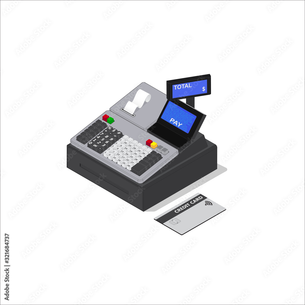 Isometric Illustration of Contactless payment.Vector cash register on white background.Credit card payment Isometric Illustration of Contactless payment.Vector cash register on white background.Credit card payment
