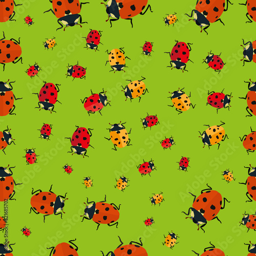 Ladybug vector seamless pattern on a green background. Red and yellow  ladybird vector graphic illustration, isolated. Cute realistic flat design of beetles. Easy to edit, chane color and add text. 