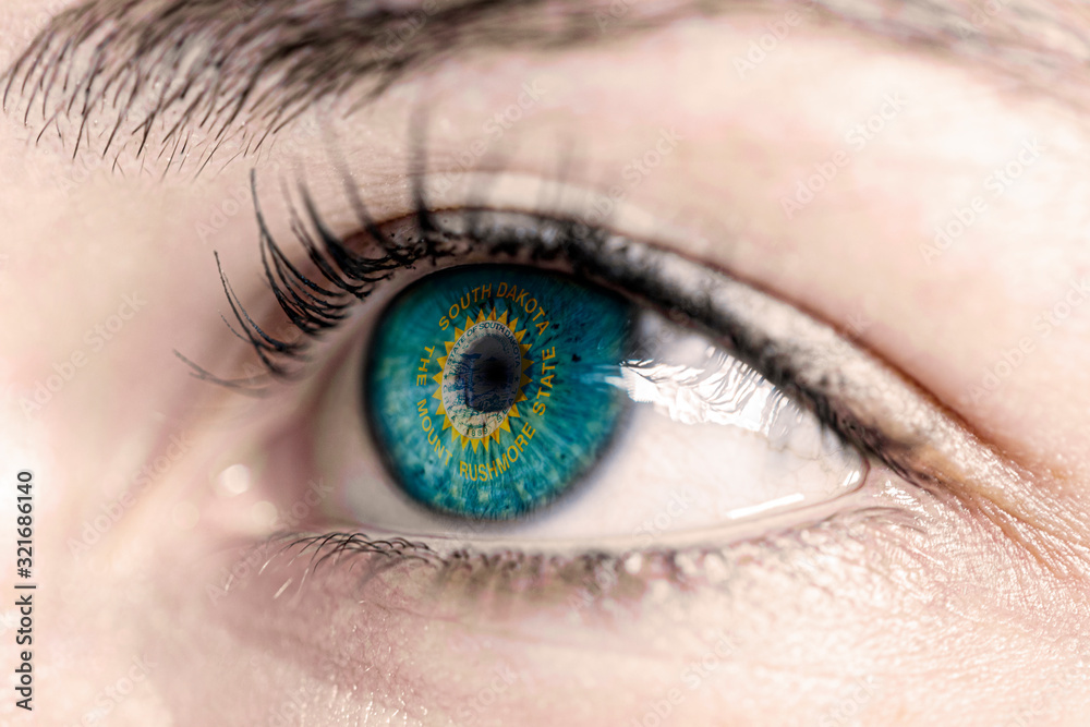 Fototapeta premium Flag of south dakota state of the United States of America reflects in a man brown eye - election, sport, hope, young, generation, american football, basket 