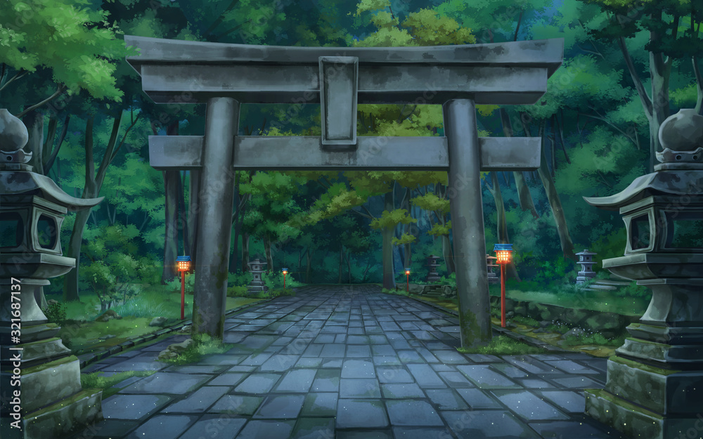 Torii forest - Night , Anime background , Illustration. Stock Illustration  | Adobe Stock