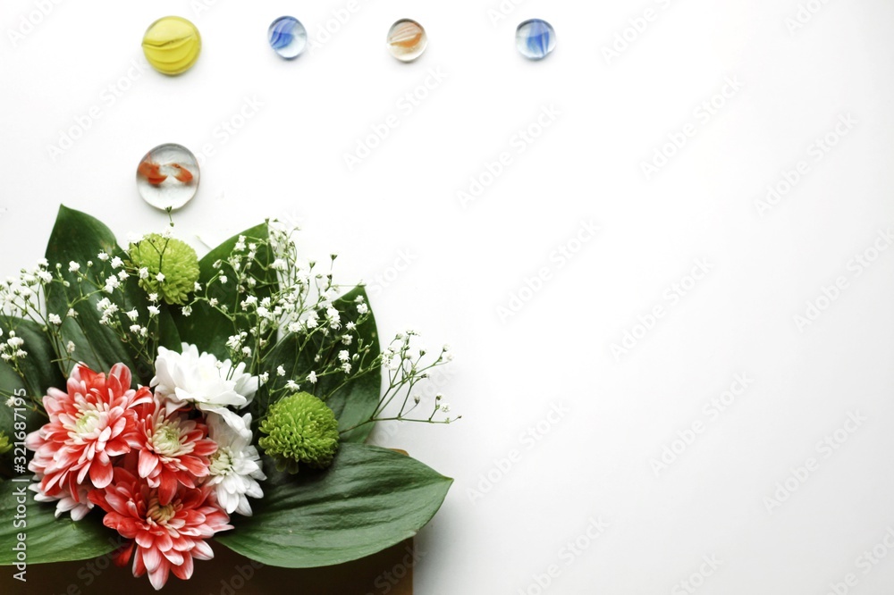 Beautiful spring flowers bouquet for greetings isolated on white, copyspace