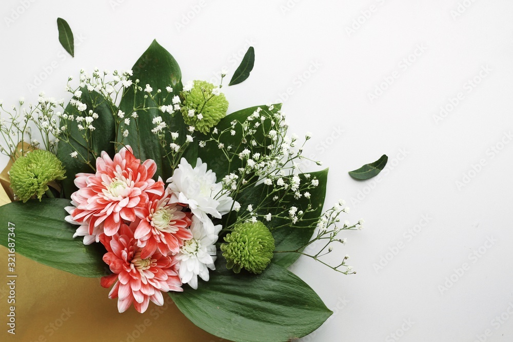 Close up beautiful spring flowers bouquet for greetings isolated on white, copyspace
