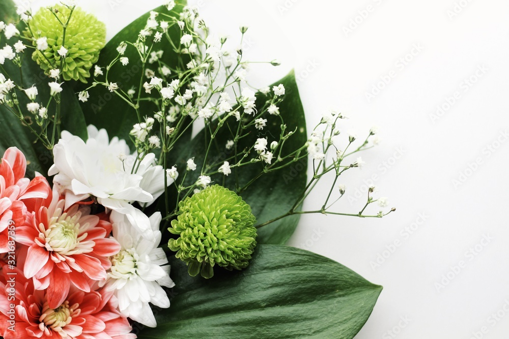 Close up beautiful spring flowers bouquet for greetings isolated on white, copyspace