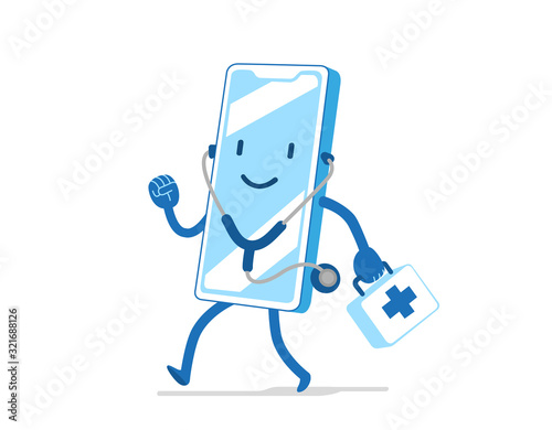 Applicazione mobile per settore medico farmaceutico, personaggio divertente e simpatico, dottore con la valigetta del pronto soccorso