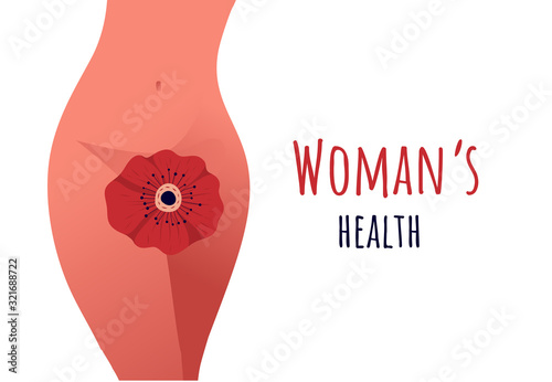 Beautiful female body and women's hygiene or reproductive system concept. Flower. Menopause, Urinary incontinence, care for women's sexual health. Maternity and pregnancy sign. Vector illustration. photo