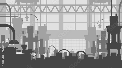 General view of the factory's industrial premises from the inside. Flat style, gray tones. Injection molding machines and hydraulic presses. For your design. Production of parts by pressing.
