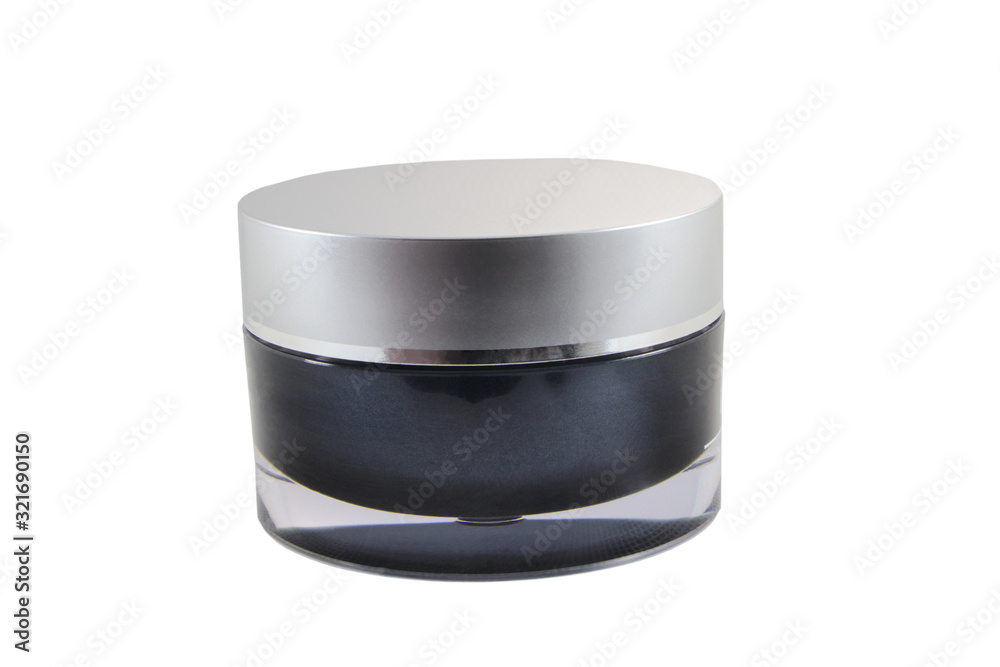 Face cream in a black jar on a white background. Body lotion in a closed box. Hair Care Cosmetic. Face cream in a black jar on a white background. Body lotion in a closed box. Hair Care Cosmetic.