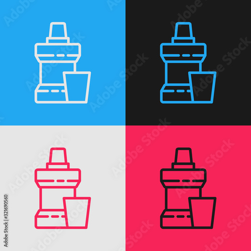 Color line Mouthwash plastic bottle and glass icon isolated on color background. Liquid for rinsing mouth. Oralcare equipment. Vintage style drawing. Vector Illustration