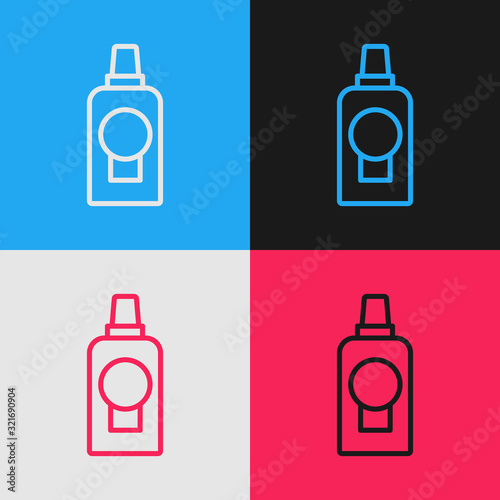 Color line Mouthwash plastic bottle icon isolated on color background. Liquid for rinsing mouth. Oralcare equipment. Vintage style drawing. Vector Illustration