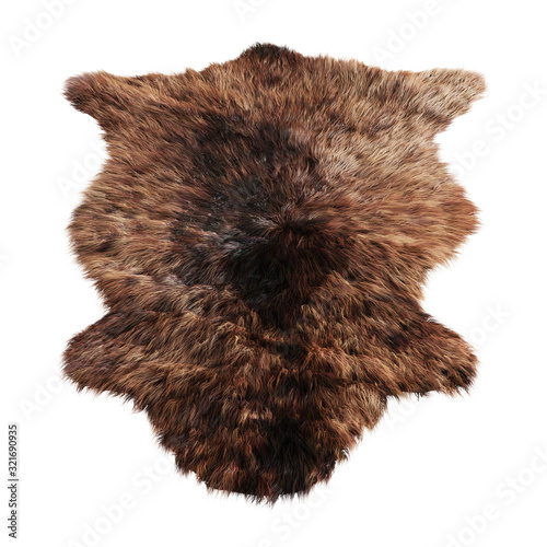 Foto Dark brown decor skin of a sheepskin wool rug on a white background