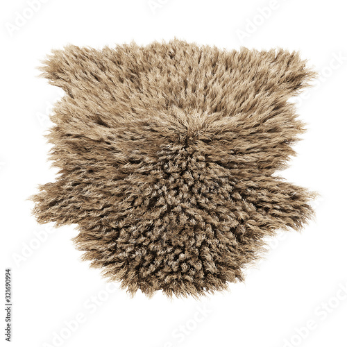 Brown decor skin of a sheepskin wool rug on a white background. 3D rendering