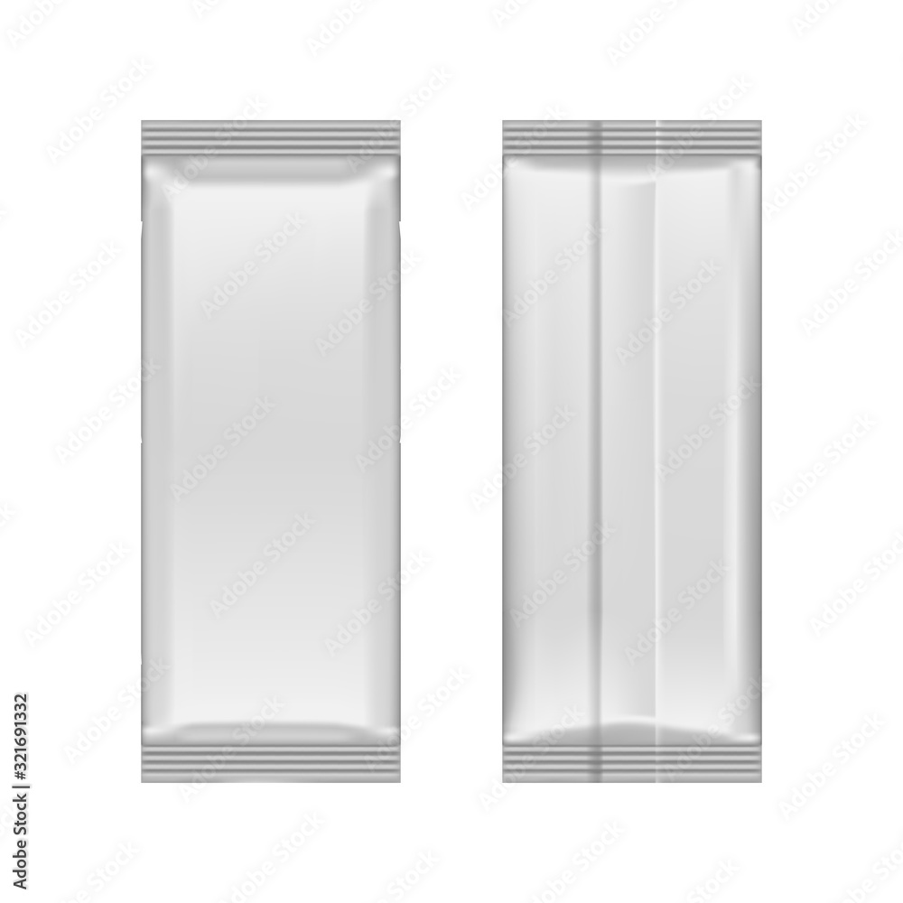 Realistic front and back sides of blank flow pack isolated on white background Realistic front and back sides of blank flow pack isolated on white background