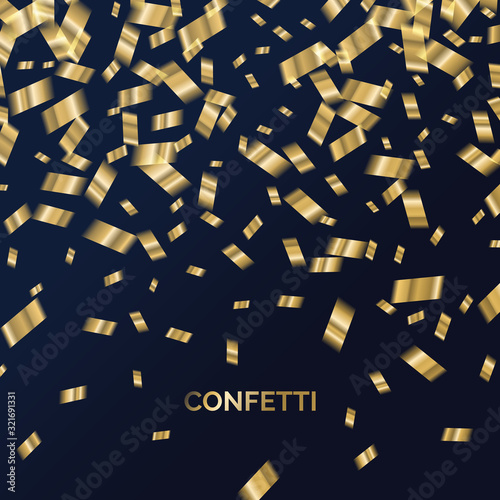 Gold confetti is falling. Abstract background with particles. Template for placing text for the celebration.